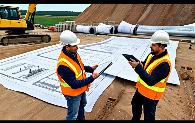 **
"Civil engineers working on a plant construction site, reviewing blueprints with BIM software on laptops, showcasing site preparation and foundation work, with heavy machinery in the background."
**