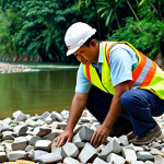 **

A professional civil engineer, fully clothed in appropriate work attire (hard hat, safety vest, long pants), inspecting a riverbank stabilization project using gabions along the Gombak River in Malaysia. The river is flowing gently, with lush greenery in the background. Perfect anatomy, correct proportions, natural pose, well-formed hands, proper finger count. Safe for work, appropriate content, professional, modest, family-friendly, high quality.

**