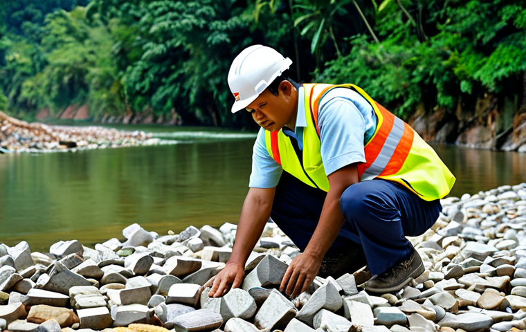 **

A professional civil engineer, fully clothed in appropriate work attire (hard hat, safety vest, long pants), inspecting a riverbank stabilization project using gabions along the Gombak River in Malaysia. The river is flowing gently, with lush greenery in the background. Perfect anatomy, correct proportions, natural pose, well-formed hands, proper finger count. Safe for work, appropriate content, professional, modest, family-friendly, high quality.

**
